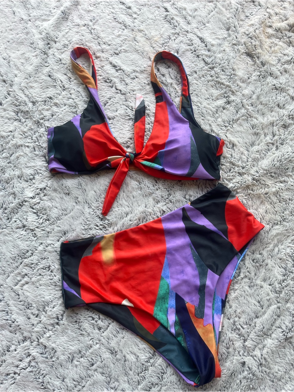 Colorblock Tie-Front Bikini Set in Red, Purple & Black